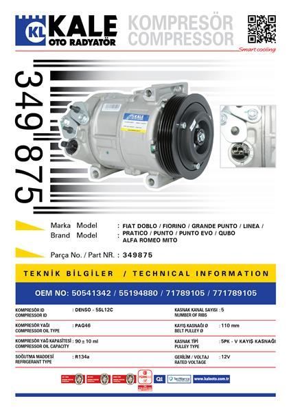 Kale 349875 Klima Kompresörü Doblo 10-Punto Evo-Mıto 11-