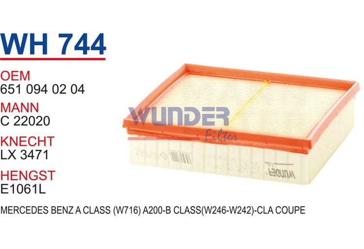 WUNDER WH744 HAVA FİLTRESİ - MERCEDES BENZ A CLASS (W716) A200-B