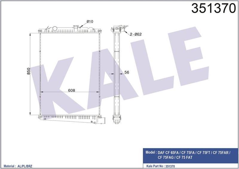 Kale 351370 Radyatör Al/Brz Daf Cf 65Fa-Cf 75Fa-Cf 75Ft-Cf 75Far-