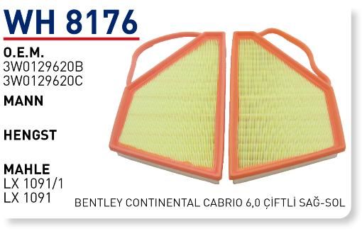 WUNDER WH8176 HAVA FİLTRESİ - BENTLEY CONTİNENTAL CABRİO 6,0 ÇİFT