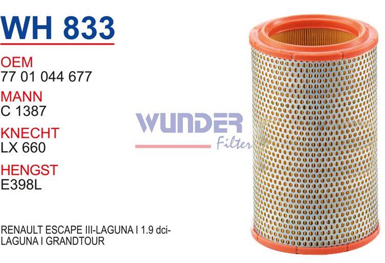 WUNDER WH833 HAVA FİLTRESİ - RENAULT ESCAPE III-LAGUNA I 1.9 dci-