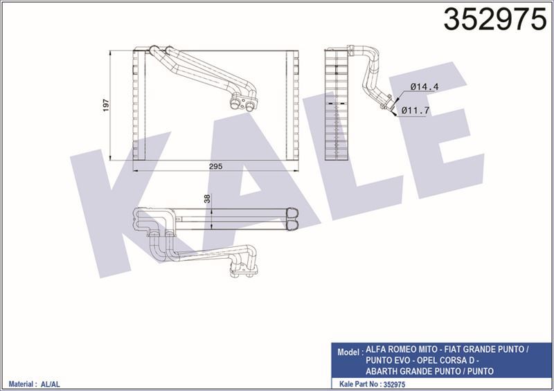 Kale 352975 Evaporator (250×194×38) Alfa Romeo Mıto Grande Punto
