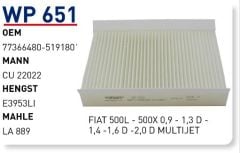 WUNDER WP651 POLEN FİLTRESİ - FİAT 500L - 500X 0,9 - 1,3 D - 1,4