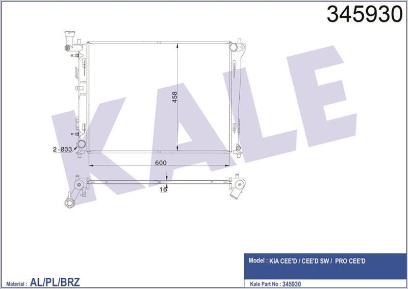 Kale 345930 Radyatör Kıa Ceed Pro Ceed 1.4 1.6 2.0 07-12 600X455X