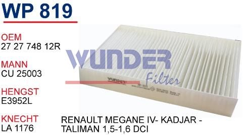 WUNDER WP819 POLEN  FİLTRESİ - RENAULT MEGANE IV-SCENİC IV -ESPAC