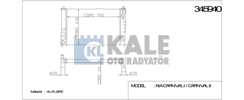 Kale 345940 Radyatör Kıa Carnıval 2.9 Td-Crdı 1999 Sonrası 700X420X28 Ac +