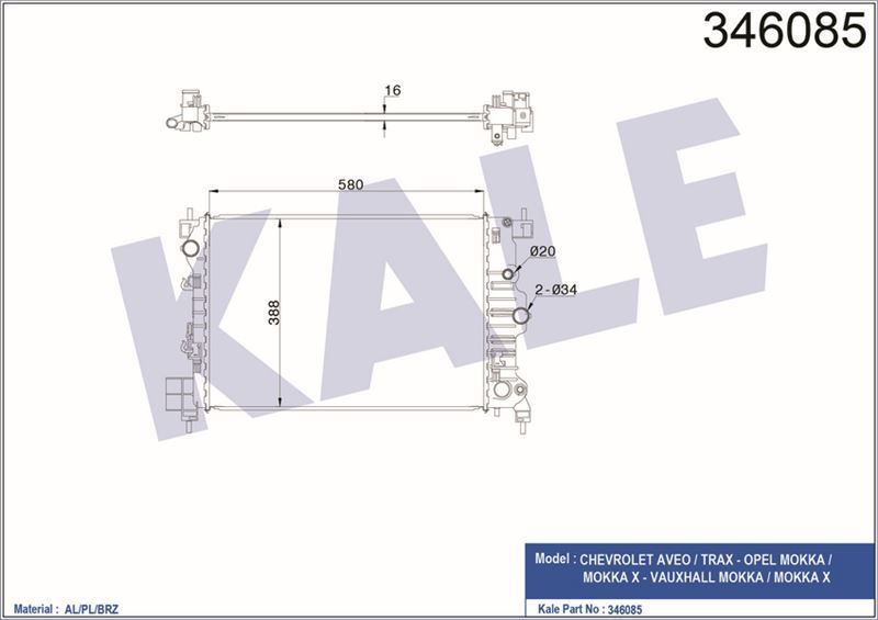 Kale 346085 Su Radyatörü Mokka  2013 Sonrası 1.6 16V 1.8 16V Mt / Aveo T300