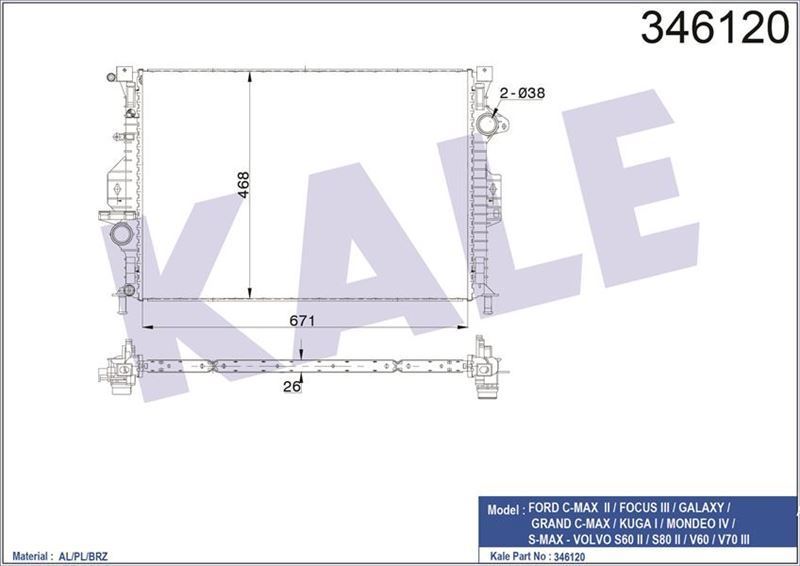 Kale 346120 Su Radyatörü Cmax   2010 Sonrası 2.0 Tdcı Mt Focus Iıı  2011 Sonrası 1.6