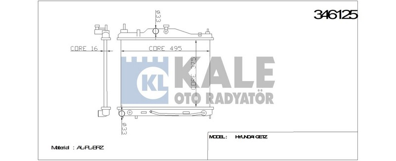 Kale 346125 Radyatör Getz 1.6 2002-2005 370X490X26 Ac + - Otom Al Pl