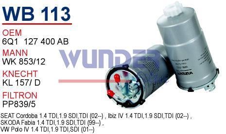 WUNDER WB113 MAZOT FİLTRESİ - VOLKSWAGEN POLO IV 1.4 TDI-CORDOBA