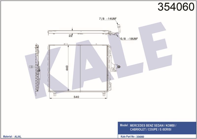 Kale 354060 Klima Radyatörü 540×440×25 Benz Sedan W124 1984 Sonrası Kombı
