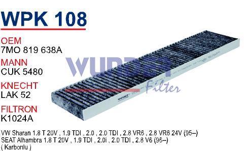 WUNDER WPK108 POLEN FİLTRESİ - VOLKSWAGEN SHARAN 1.8T-1.9TDI-2.0