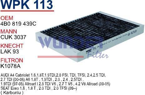 WUNDER WPK113 POLEN FİLTRESİ - AUDi A4 00- A6 97- (KARBONLU)