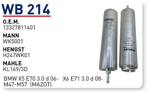 WUNDER WB214 MAZOT FİLTRESİ - BMW X5 E70 3.0 d 06- X6 E71 3.0 d 0