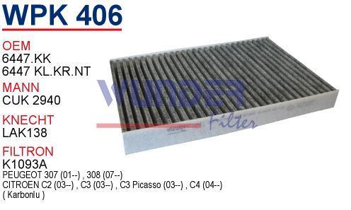 WUNDER WPK406 POLEN FİLTRESİ - PEUGEOT PARTNER 03 - 307 - 308 (KA