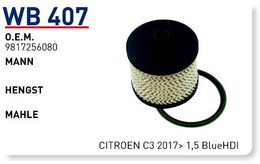 WUNDER WB407 MAZOT FİLTRESİ - PEUGEOT - CITROEN C3 2017- 1,5 Blue