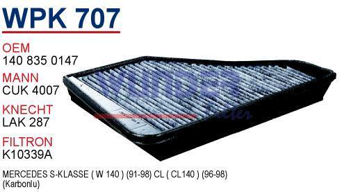 WUNDER WPK707 POLEN FİLTRESİ - MERCEDES 140 KASA S KLASS (KARBONL