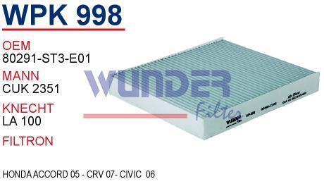 WUNDER WPK998 POLEN FİLTRESİ - HONDA CiViC VI - CRV VI KARE E.MOD