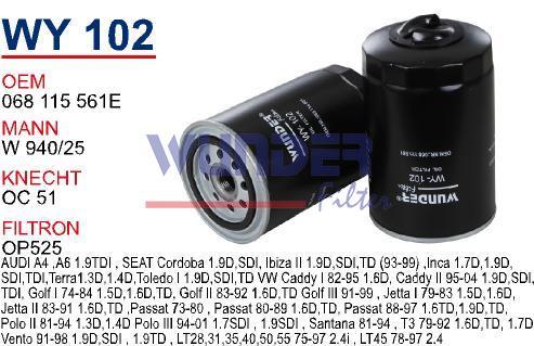 WUNDER WY102 YAĞ FİLTRESİ - VOLKSWAGEN CADDY D - PASSAT D