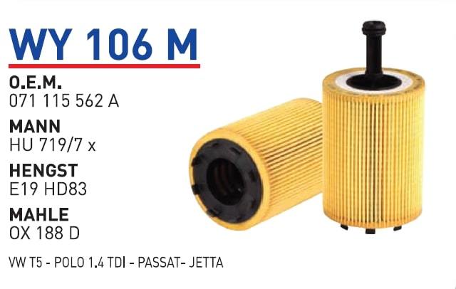 WUNDER WY106M YAĞ FİLTRESİ - VOLKSWAGEN T5 - POLO 1.4 TDI - PASSA