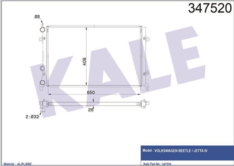 Kale 347520 Radyatör Al/Pl/Brz Jetta Fsı 2.0 Benz.11 Beetle 12 Mt