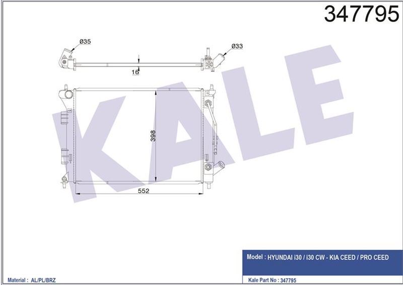 Kale 347795 Radyatör I30 1,6 Dızel Otomatik  2012 Sonrası Ceed 1,6 Dızel Ot