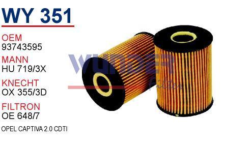 WUNDER WY351 YAĞ FİLTRESİ - CHEVROLET CAPTiVA 2.0 CDTİ, ANTARA
