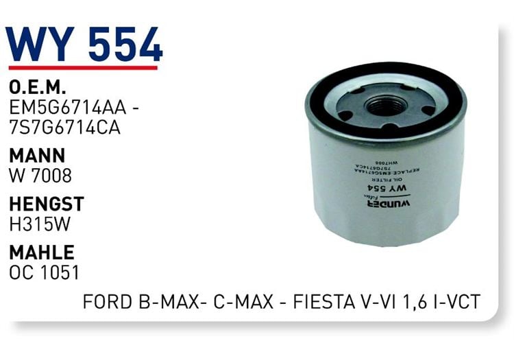 WUNDER WY554 YAĞ FİLTRESİ - FORD B-MAX- C-MAX - FİESTA V-VI 1,6 T