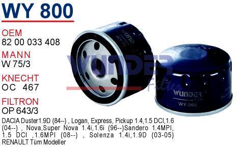 WUNDER WY800 YAĞ FİLTRESİ - MEGANE - LAGUNA - CLiO - KANGOO - TRA