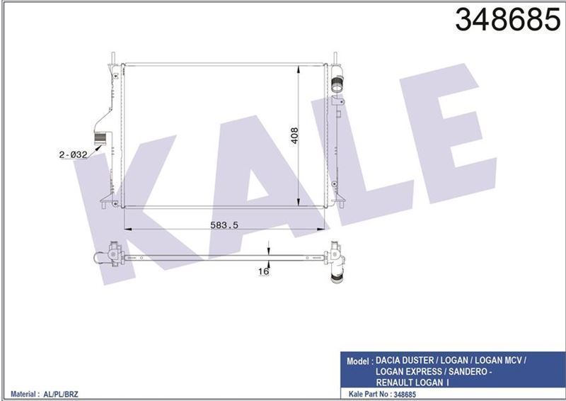 Kale 348685 Su Radyatörü Logan 2004 Sonrası 1.2I 1.4I 1.6I 1.6 16V Ac 1.5