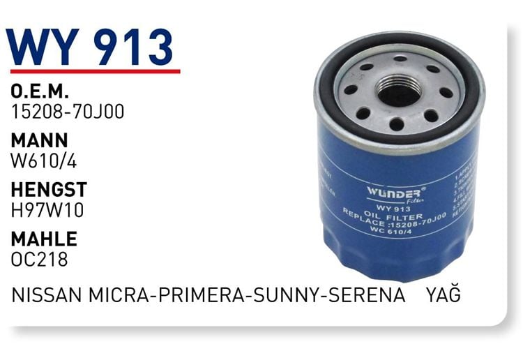 WUNDER WY913 YAĞ FİLTRESİ - NiSSAN MiCRA-PRiMERA-SUNNY-SERENA