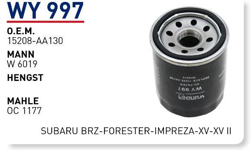 WUNDER WY997 YAĞ FİLTRESİ - SUBARU BRZ-FORESTER-IMPREZA-XV-XV