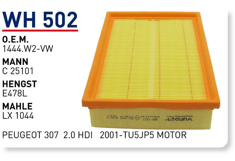 WUNDER WH502 HAVA FİLTRESİ - PEUGEOT 307 2.0 HDI 2001-